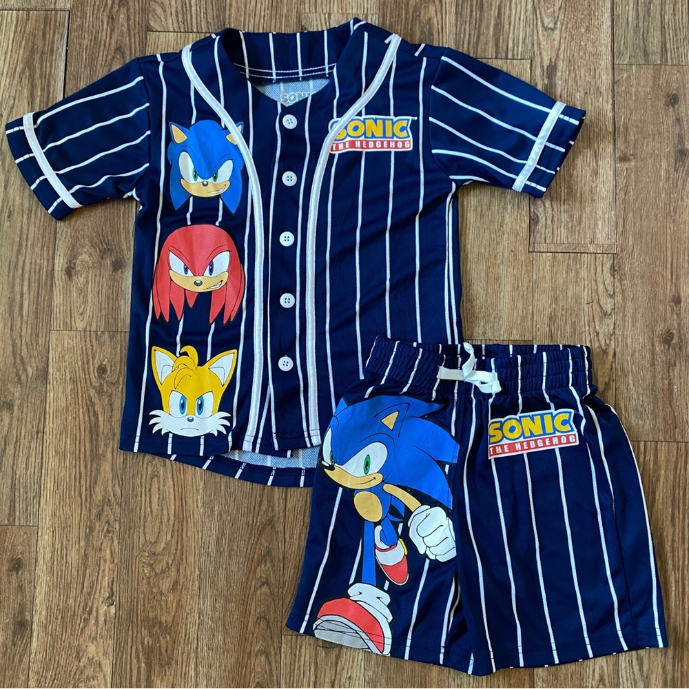 Sega Freeze Sonic The Hedgehog Baseball Jersey Shirt Shorts Set Blue Striped 4/5